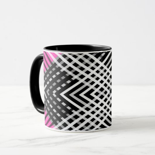 Zwart-wit en grijs verweven strepen op een mok (Voorkant links)