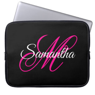 Zwart Wit en Heet Roze Fantasie Schrift Monogram Laptop Sleeve