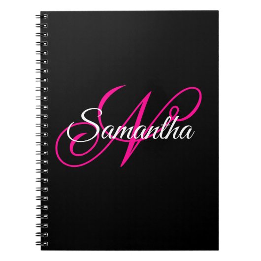 Zwart Wit en Heet Roze Fantasie Schrift Monogram Notitieboek (Voorkant)