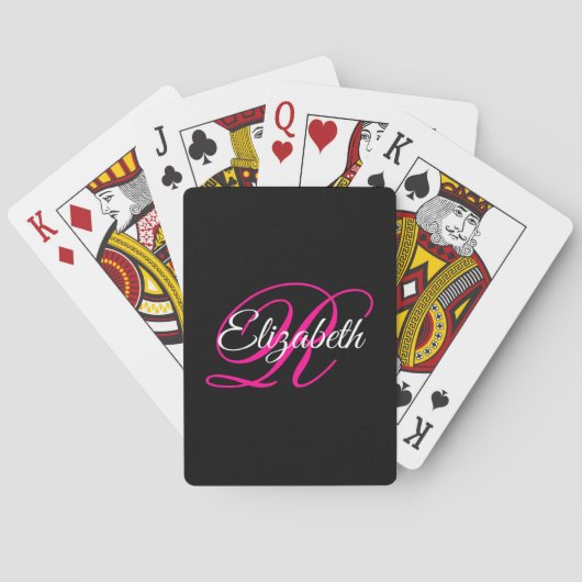 Zwart Wit en Heet Roze Fantasie Schrift Monogram Pokerkaarten (Achterkant)