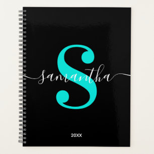 Zwart Wit en Helder Turkoois Modern Monogram Planner