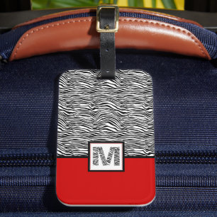 Zwart Wit en Rood 🦓 Zebra Monogram Bagagelabel