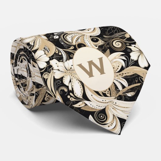 Zwart, wit en Taupe Monogram Stropdas (Opgerold)