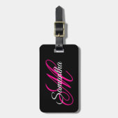 Zwart wit en warm roze Fancy Script-monogram Bagagelabel (Voorkant verticaal)
