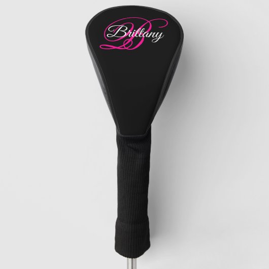 Zwart wit en warm roze Fancy Script-monogram Golfheadcover (Voorkant)