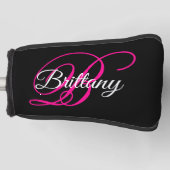 Zwart wit en warm roze Fancy Script-monogram Golfheadcover (Voorkant)
