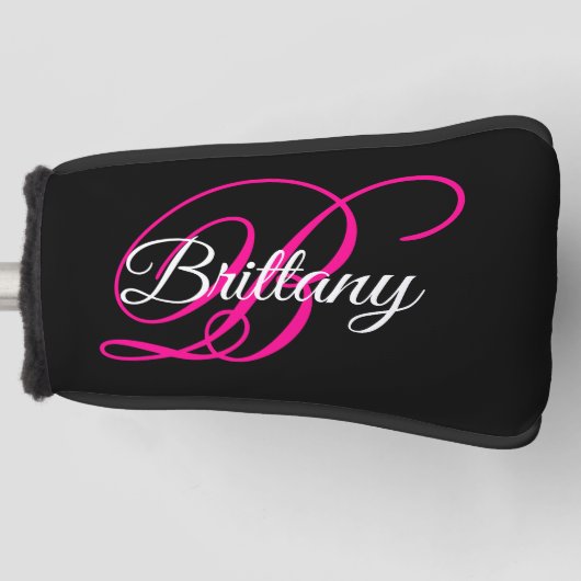Zwart wit en warm roze Fancy Script-monogram Golfheadcover (Voorkant)