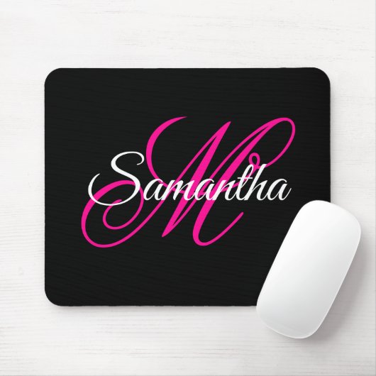 Zwart wit en warm roze Fancy Script-monogram Muismat (Met muis)