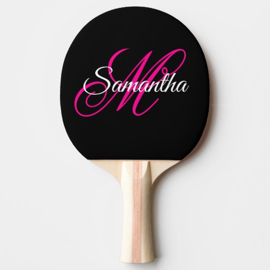 Zwart wit en warm roze Fancy Script-monogram Tafeltennisbatje (Voorkant)