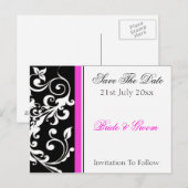 Zwart-wit en warm-roze weddenschap opslaan Datum Aankondigingskaart (Voorkant / Achterkant)