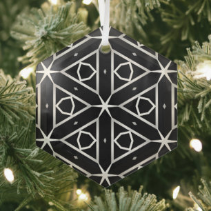 Zwart Wit en Zilver Geometrisch patroon Glas Ornament