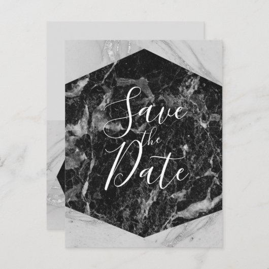 Zwart wit en zilver marmer modern sparen de Datum Aankondigingskaart (Voorkant / Achterkant)