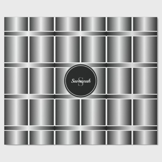 Zwart wit en zilver monogrammen geometrische vierk cadeaupapier (Vlak)