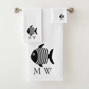 Zwart-Wit Engelhaalontwerp met Monogram Bad Handdoek