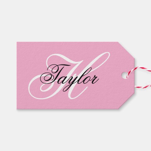 Zwart-wit Fancy Monogram Roze Cadeaulabel (Voorkant (Horizontaal))