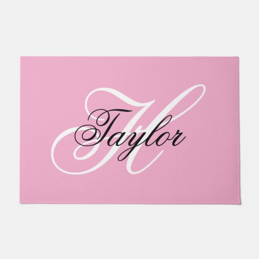 Zwart-wit Fancy Monogram Roze Deurmat (Voorkant)