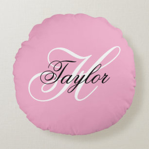 Zwart-wit Fancy Monogram Roze Rond Kussen