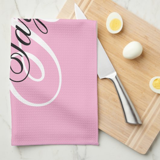 Zwart-wit Fancy Monogram Roze Theedoek (Quarter Fold)