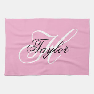 Zwart-wit Fancy Monogram Roze Theedoek