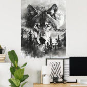 Zwart-wit Fantasy Wolf Mountain Moon Poster (Thuiskantoor)