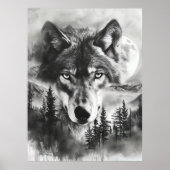 Zwart-wit Fantasy Wolf Mountain Moon Poster (Voorkant)