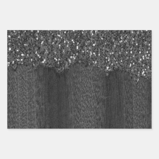 Zwart wit faux sparkles rustig hout inpakpapier vel (Voorkant 2)