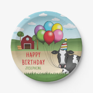 Zwart Wit Feestelijke Koe Erf Kinderverjaardag Papieren Bordje