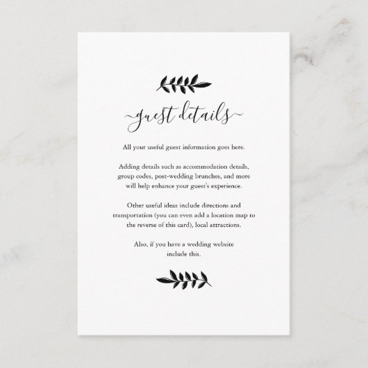 Zwart-wit Floral Garland bruiloft details Informatiekaartje (Voorkant)