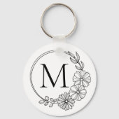 Zwart-wit Floral krans Monogram Sleutelhanger (Voorkant)