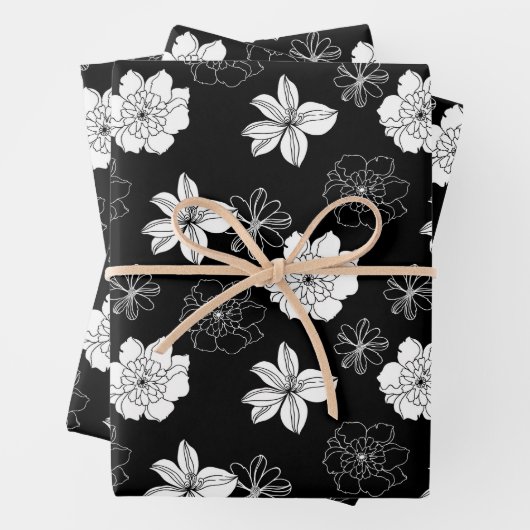Zwart-wit Floral Patroon Inpakpapier Vel (In situ)