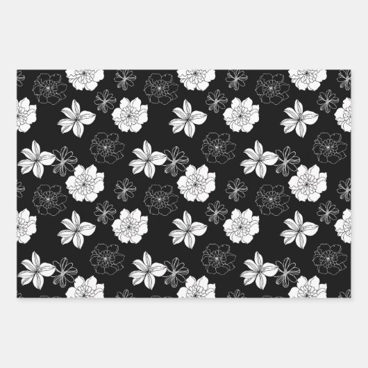 Zwart-wit Floral Patroon Inpakpapier Vel (Voorkant)