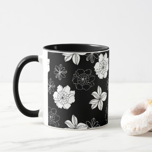 Zwart-wit Floral Patroon Mok (Met donut)