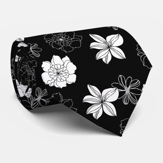 Zwart-wit Floral Patroon Stropdas (Opgerold)