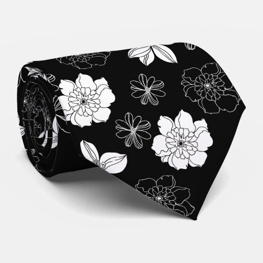 Zwart-wit Floral Patroon Stropdas (Opgerold)