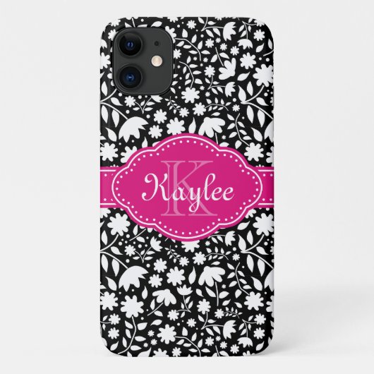 Zwart-wit Floral Pattern Roze Monogram Case-Mate iPhone Case (Achterkant)
