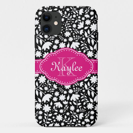 Zwart-wit Floral Pattern Roze Monogram Case-Mate iPhone Case (Achterkant)