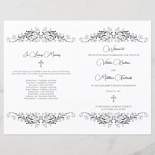 Zwart-wit Flourish Elegance huwelijksprogramma (Voorkant)