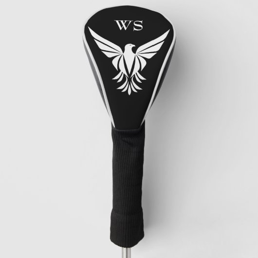 Zwart-wit Flying Bald Eagle Monogram Initiaal Golfheadcover (Voorkant)