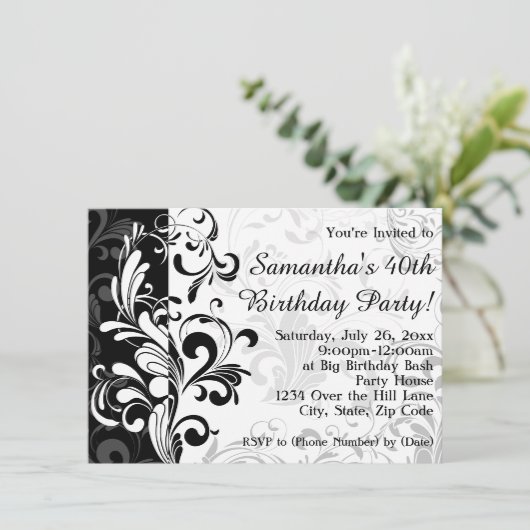 Zwart/Wit Fontein Swirl Verjaardagsfeest Kaart (Staand voorkant)