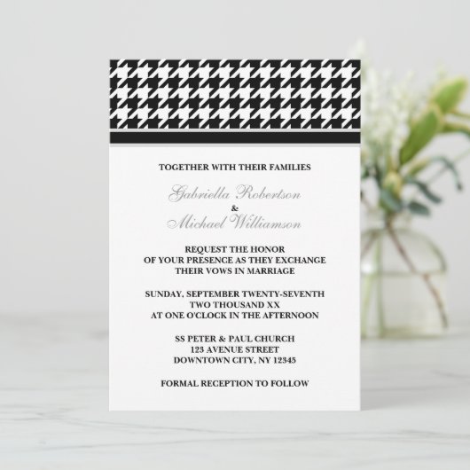 Zwart Wit Formele Houndstooth bruiloft uitnodiging (Staand voorkant)