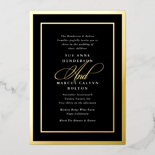 Zwart & Wit Formele Kalligrafie Bruiloft Goud Folie Uitnodiging (Voorkant)