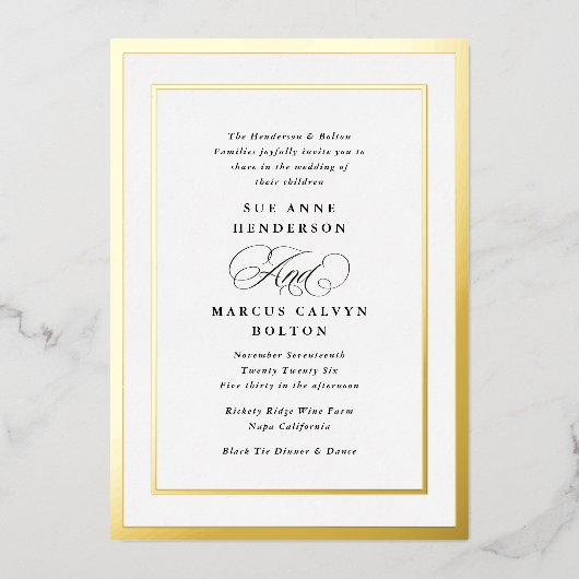 Zwart-wit Formele Kalligrafie Folie Bruiloft Folie Uitnodiging (Voorkant)