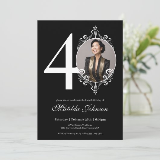 Zwart Wit Foto 40e Verjaardag Uitnodiging (Staand voorkant)