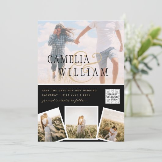 Zwart wit FOTO-bruiloft nodigt QR-CODE uit Opslagd Kaart (Staand voorkant)