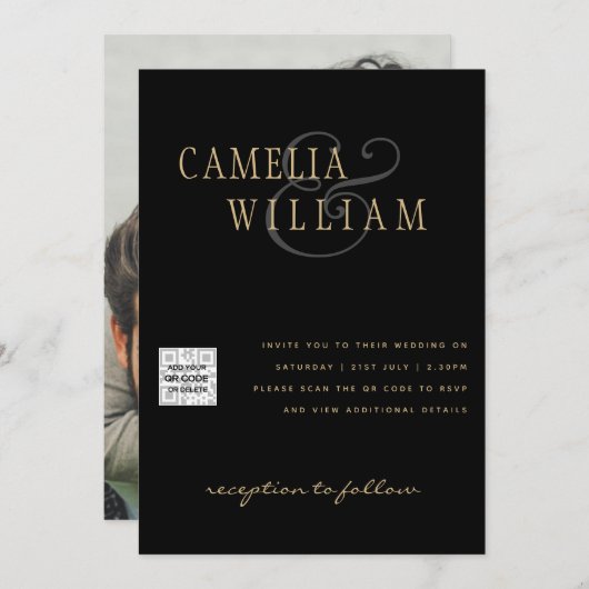 Zwart wit FOTO-bruiloft nodigt QR-CODE uit Opslagd Kaart (Voorkant / Achterkant)