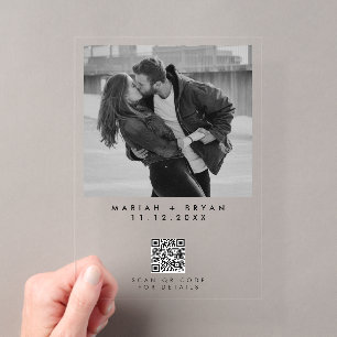 Zwart & Wit Foto QR Code Moderne Trouwfeest Acryl Uitnodigingen