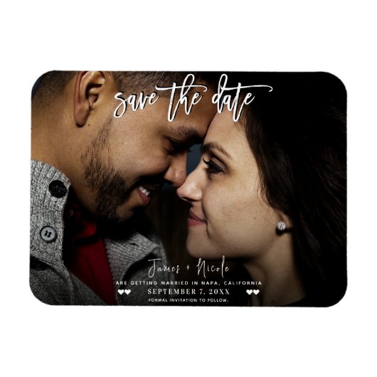 Zwart-wit foto script save the date bruiloft magneet (Horizontaal)
