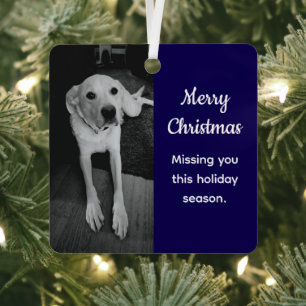 Zwart-wit foto van droevige hond die jou mist Blau Metalen Ornament
