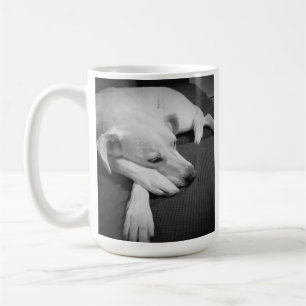Zwart-wit foto van een mooie hond slapen koffiemok