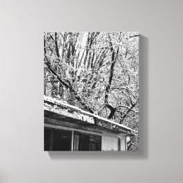 Zwart-wit foto van rustieke sneeuwwinter scène canvas afdruk
